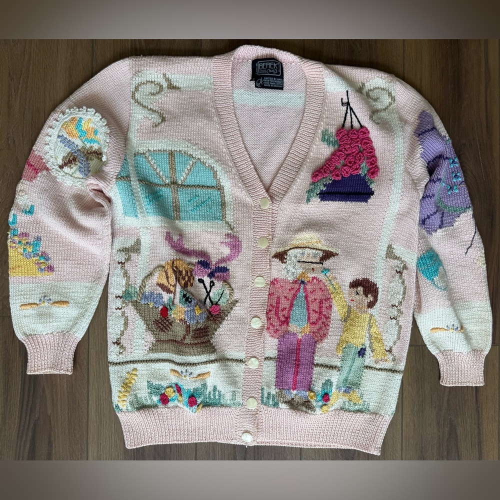Vintage Marta D Berek “Grandma & Grandkids”Cardigan Sweater Sz S 1991 Pima Cotto